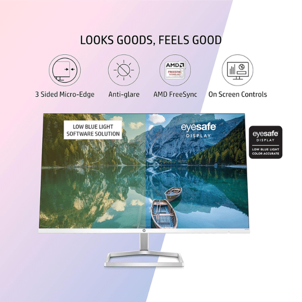 HP M27fw 27-Inch(68.6cm) Eye Safe Certified 1920 x 1080 Pixels Full HD IPS 3-Sided Micro-Edge LED Monitor, 75Hz, AMD FreeSync with 1xVGA, 2xHDMI 1.4 Ports, 300 nits, in-Built Speakers, Silver