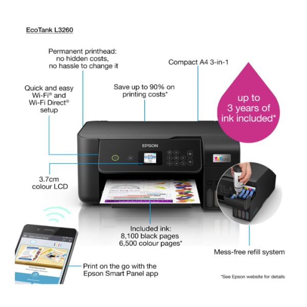 Epson EcoTank L3260 Home Inktank printer A4, colour, 3 in 1 with WiFi and SmartPanel App connectivity, Black, Compact - Image 4